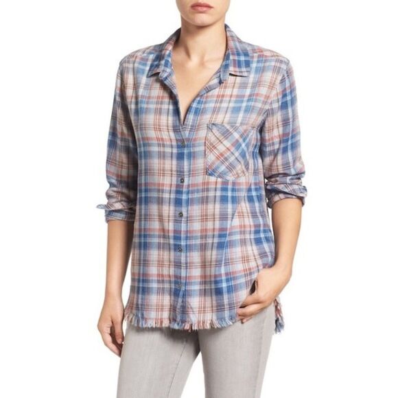 Bella Dahl button down plaid shirt frayed hem size large - Picture 1 of 7